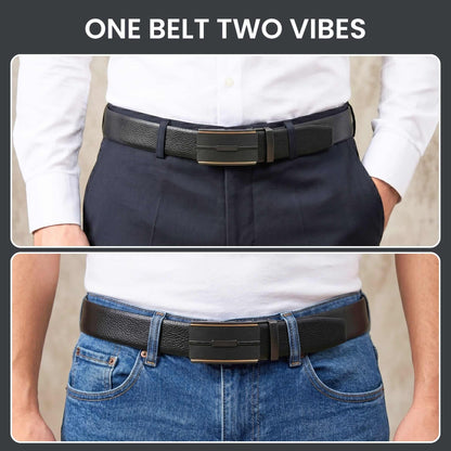 Mens 100% Genuine Leather Belt - LUXORIC Pebble-Grain, VITARO Cross-Hatch Auto-Lock Buckle (Black & Brown Reversible) — Leather Belts for Men | THE MEN THING