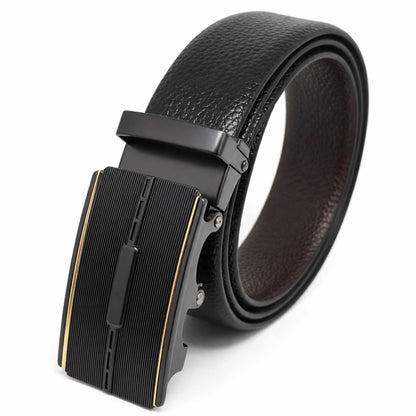 Mens 100% Genuine Leather Belt - LUXORIC Pebble-Grain, VITARO Cross-Hatch Auto-Lock Buckle (Black & Brown Reversible) — Leather Belts for Men | THE MEN THING