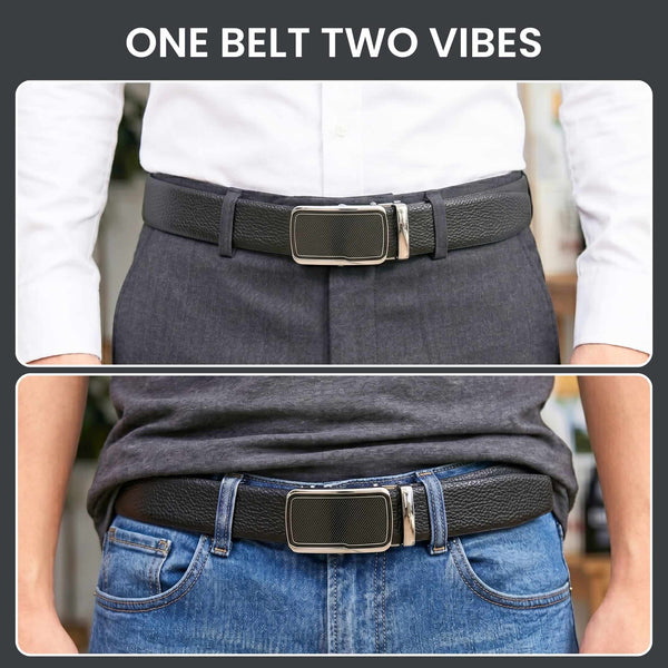 Mens 100% Genuine Leather Belt - LUXORIC Pebble-Grain, STRYX Steel-Frame Auto-Lock Buckle (Black & Brown Reversible)