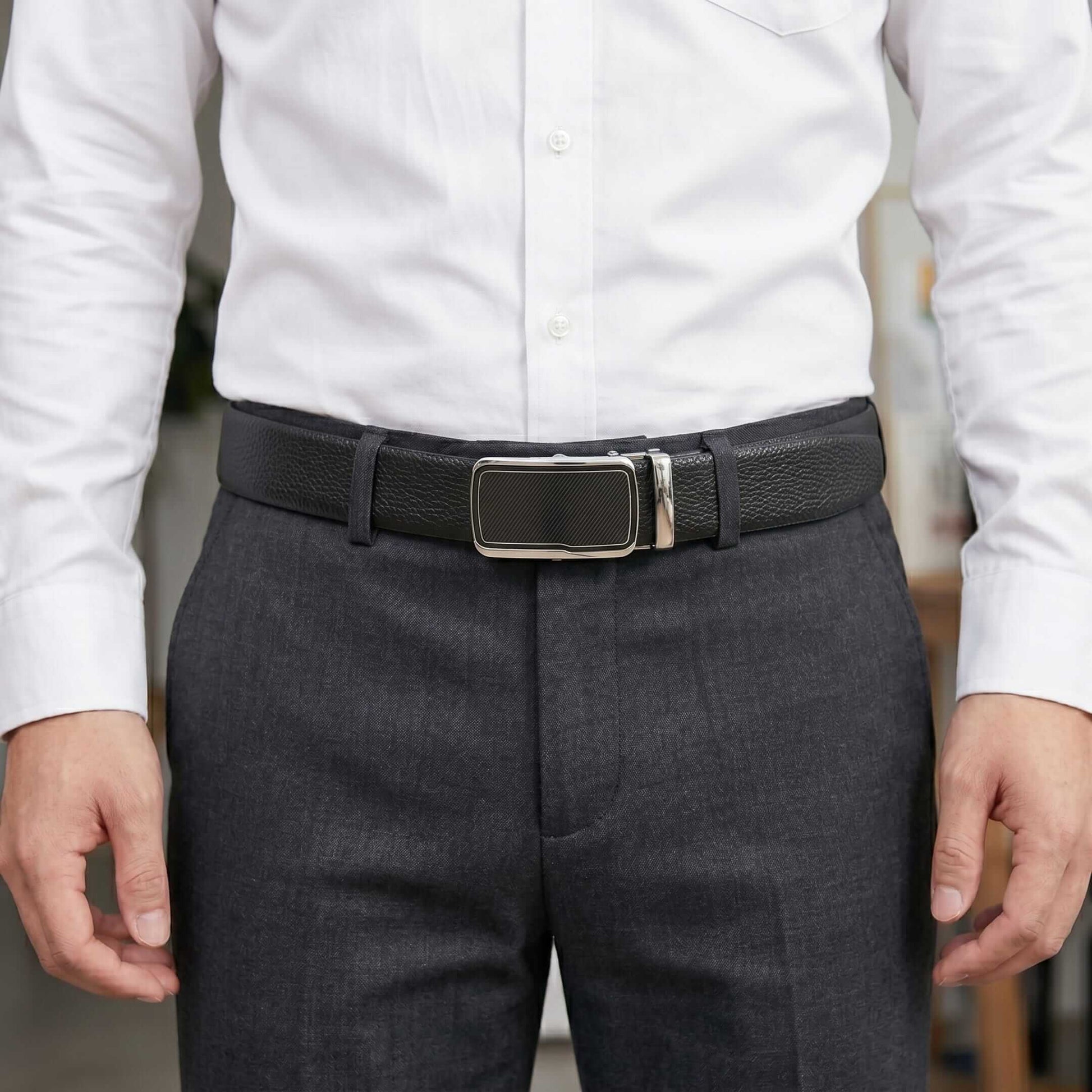 Mens 100% Genuine Leather Belt - LUXORIC Pebble-Grain, STRYX Steel-Frame Auto-Lock Buckle (Black & Brown Reversible) — Leather Belts for Men | THE MEN THING