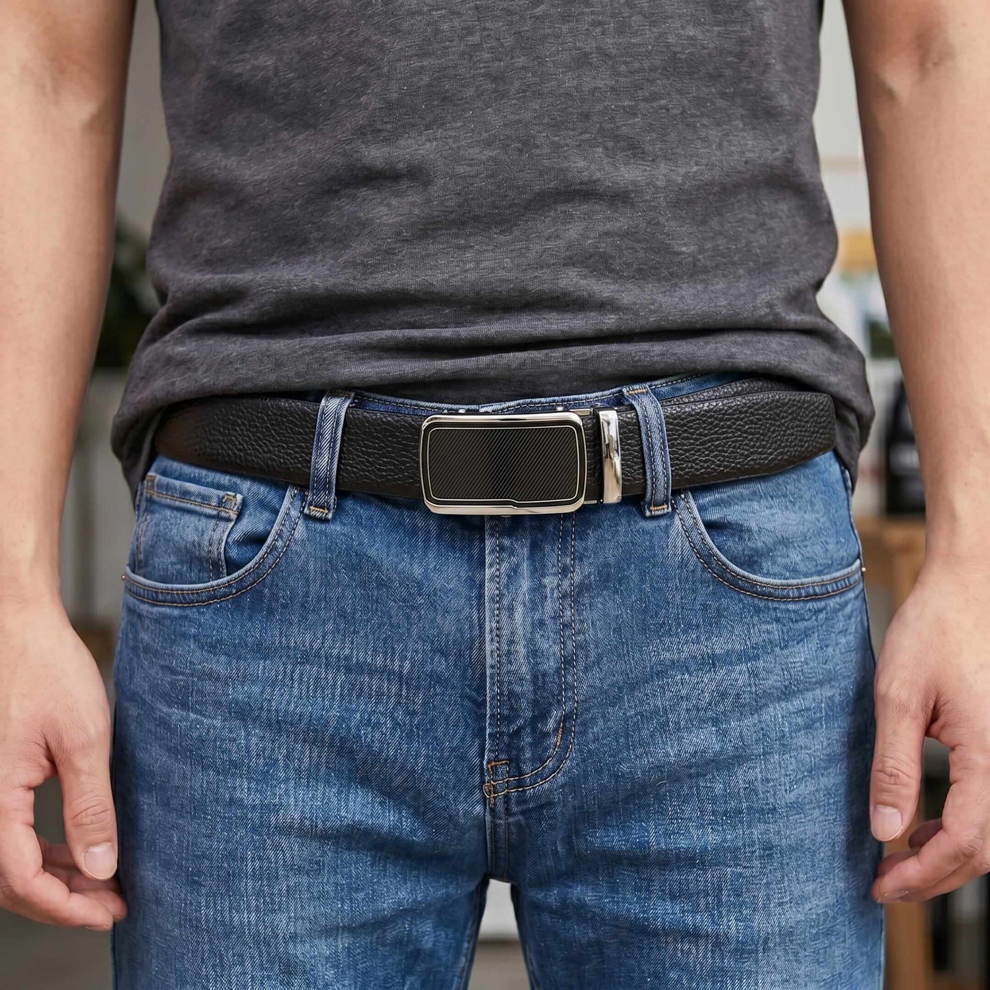 Mens 100% Genuine Leather Belt - LUXORIC Pebble-Grain, STRYX Steel-Frame Auto-Lock Buckle (Black & Brown Reversible) — Leather Belts for Men | THE MEN THING