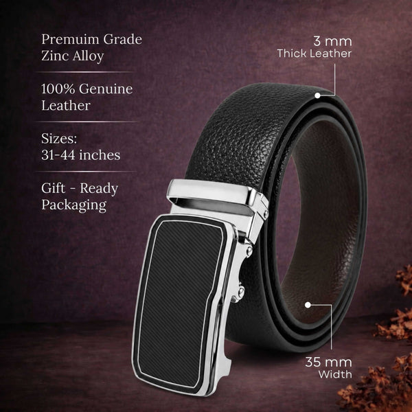 Mens 100% Genuine Leather Belt - LUXORIC Pebble-Grain, STRYX Steel-Frame Auto-Lock Buckle (Black & Brown Reversible)