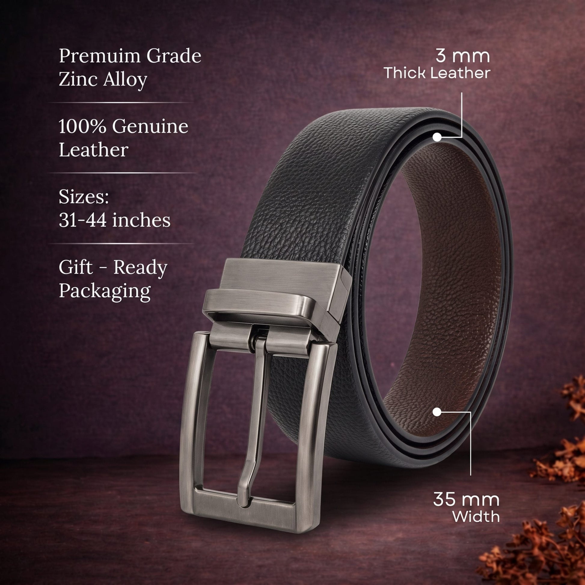 THE MEN THING Leather Belts Mens Genuine Leather Belt | 2 in 1 Reversible (Black & Brown) (1 Pc.) - LUXORIC -PIVOT