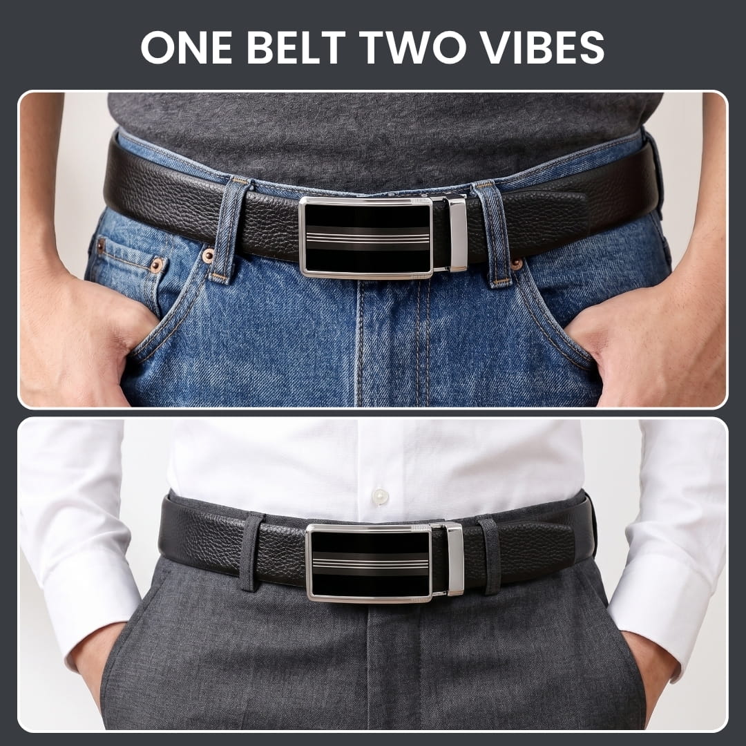 THE MEN THING Leather Belts Mens Genuine Leather Belt | 2 in 1 Reversible (Black & Brown) (1 Pc.) - LUXORIC - TREVION