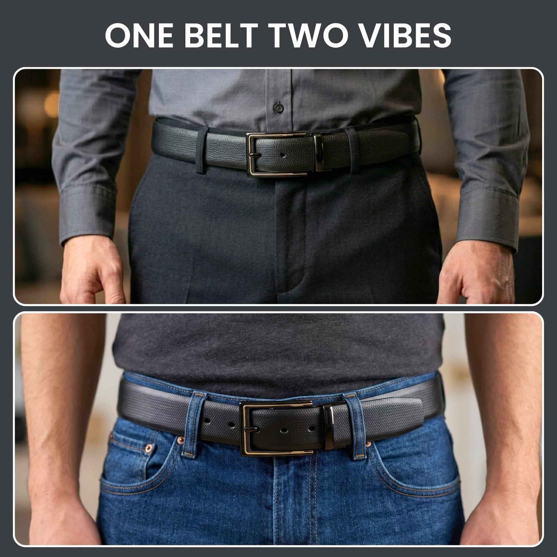 Mens 100% Genuine Leather Belt - SIGNORA Micro-Grain, CYRON Gold-Edge Gunmetal Pin Buckle (Black & Brown Reversible) — Leather Belts for Men | THE MEN THING
