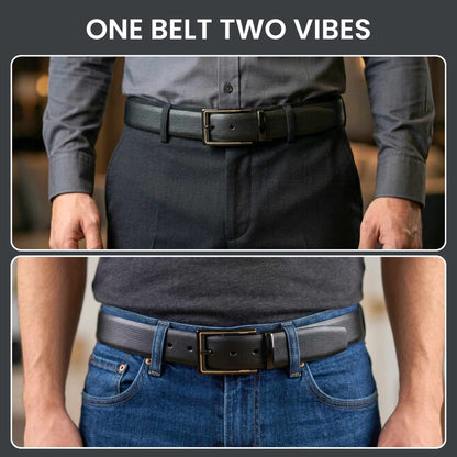 Mens 100% Genuine Leather Belt - SIGNORA Micro-Grain, CYRON Gold-Edge Gunmetal Pin Buckle (Black & Brown Reversible) — Leather Belts for Men | THE MEN THING