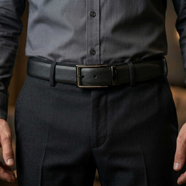 Mens 100% Genuine Leather Belt - SIGNORA Micro-Grain, CYRON Gold-Edge Gunmetal Pin Buckle (Black & Brown Reversible)