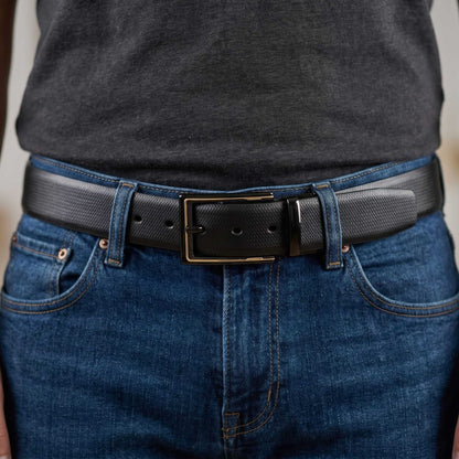 Mens 100% Genuine Leather Belt - SIGNORA Micro-Grain, CYRON Gold-Edge Gunmetal Pin Buckle (Black & Brown Reversible) — Leather Belts for Men | THE MEN THING