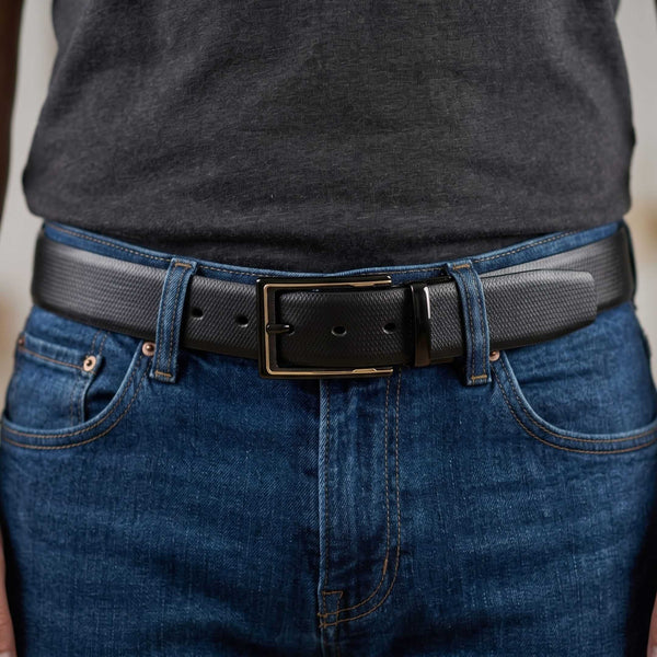 Mens 100% Genuine Leather Belt - SIGNORA Micro-Grain, CYRON Gold-Edge Gunmetal Pin Buckle (Black & Brown Reversible)