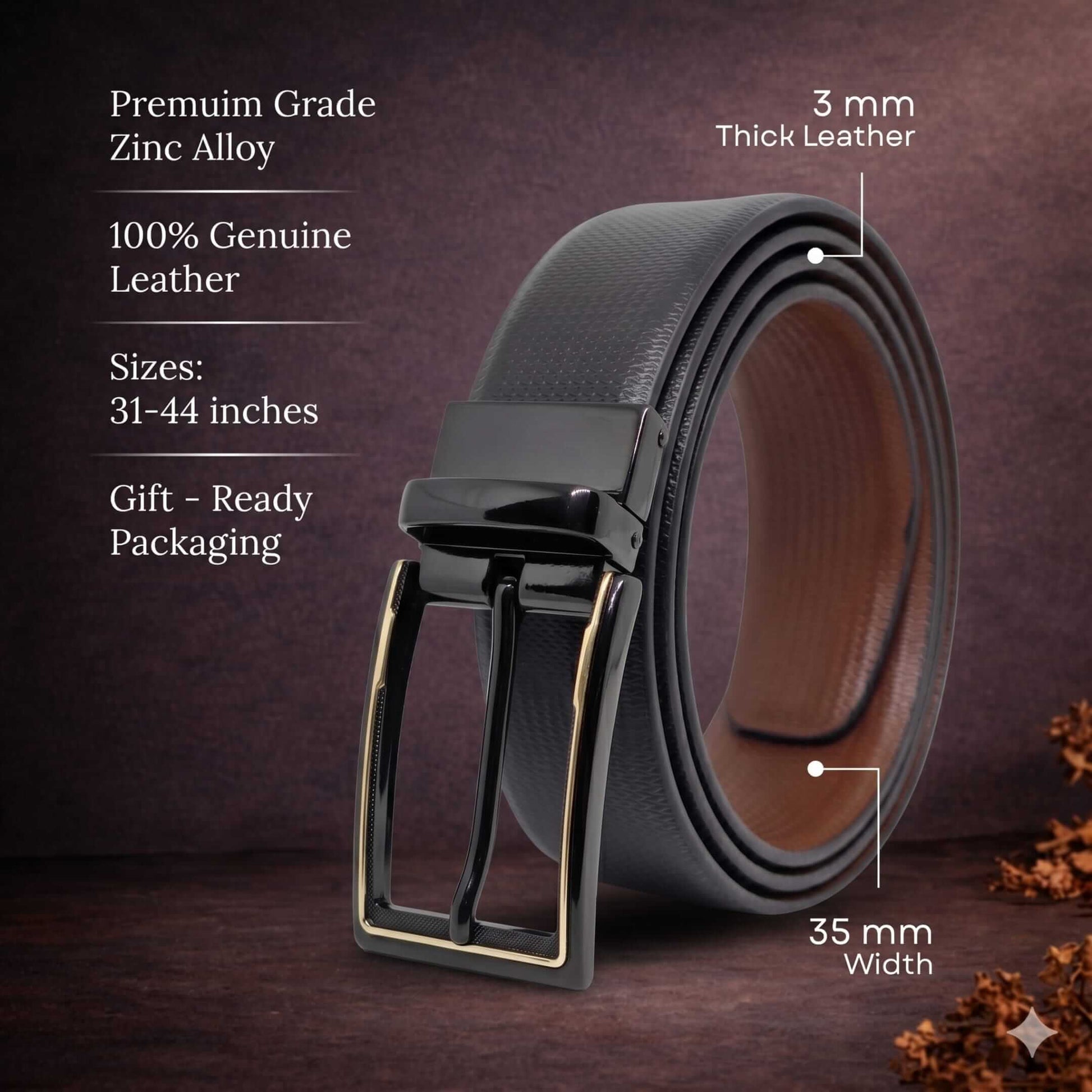 Mens 100% Genuine Leather Belt - SIGNORA Micro-Grain, CYRON Gold-Edge Gunmetal Pin Buckle (Black & Brown Reversible) — Leather Belts for Men | THE MEN THING