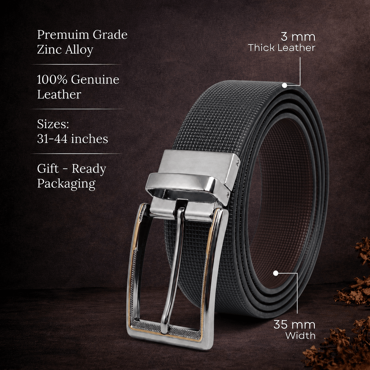 Mens 100% Genuine Leather Belt - NEXVIOR Grid-Emboss, AXIOM Polished Pin Buckle (Black & Brown Reversible) — Leather Belts for Men | THE MEN THING