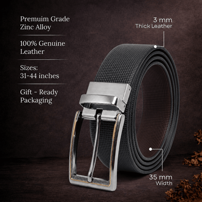 Mens 100% Genuine Leather Belt - NEXVIOR Grid-Emboss, AXIOM Polished Pin Buckle (Black & Brown Reversible) — Leather Belts for Men | THE MEN THING