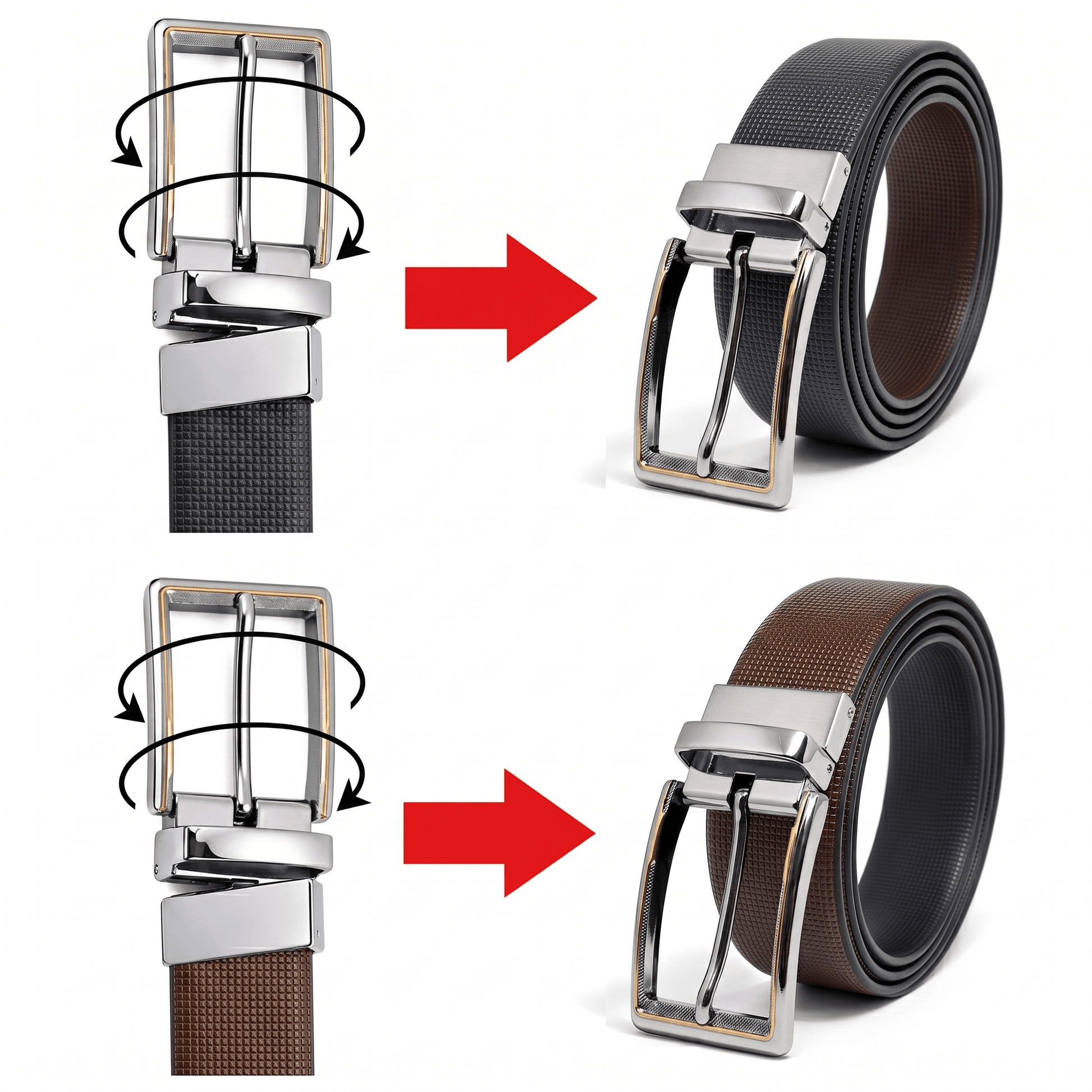 Mens 100% Genuine Leather Belt - NEXVIOR Grid-Emboss, AXIOM Polished Pin Buckle (Black & Brown Reversible) — Leather Belts for Men | THE MEN THING