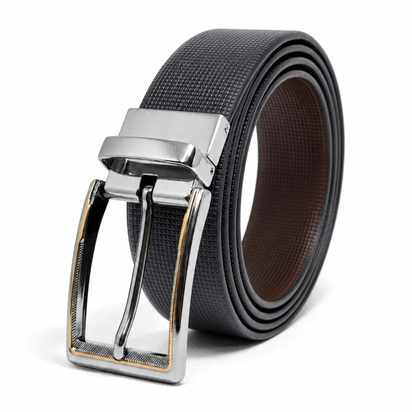 Mens 100% Genuine Leather Belt - NEXVIOR Grid-Emboss, AXIOM Polished Pin Buckle (Black & Brown Reversible)
