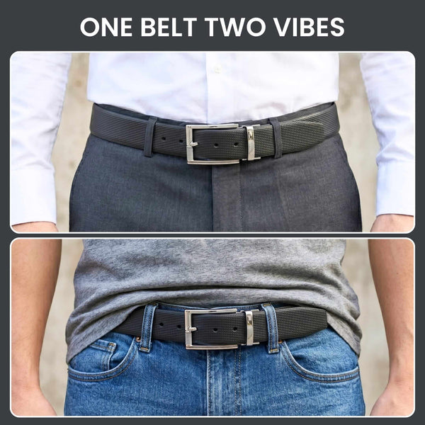 Mens 100% Genuine Leather Belt - NEXVIOR Grid-Emboss, DYNARO Mirror Chrome Pin Buckle (Black & Brown Reversible)