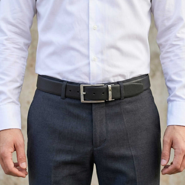 Mens 100% Genuine Leather Belt - NEXVIOR Grid-Emboss, DYNARO Mirror Chrome Pin Buckle (Black & Brown Reversible)