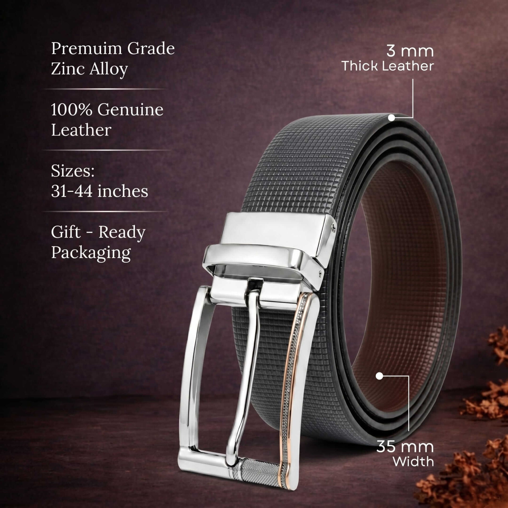 Mens 100% Genuine Leather Belt - NEXVIOR Grid-Emboss, DYNARO Mirror Chrome Pin Buckle (Black & Brown Reversible) — Leather Belts for Men | THE MEN THING