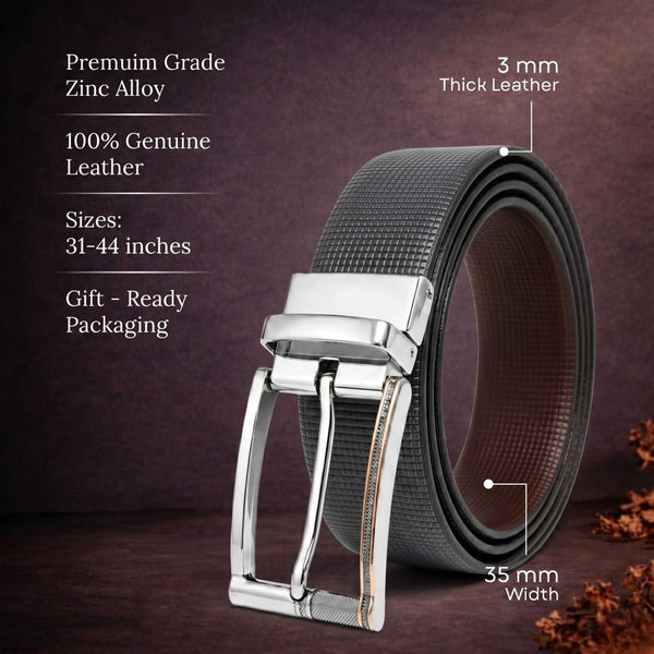 Mens 100% Genuine Leather Belt - NEXVIOR Grid-Emboss, DYNARO Mirror Chrome Pin Buckle (Black & Brown Reversible)