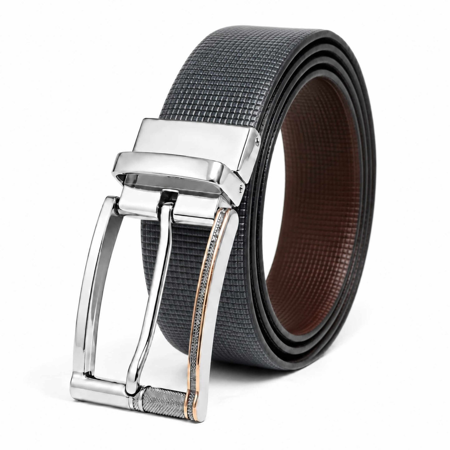 Mens 100% Genuine Leather Belt - NEXVIOR Grid-Emboss, DYNARO Mirror Chrome Pin Buckle (Black & Brown Reversible) — Leather Belts for Men | THE MEN THING