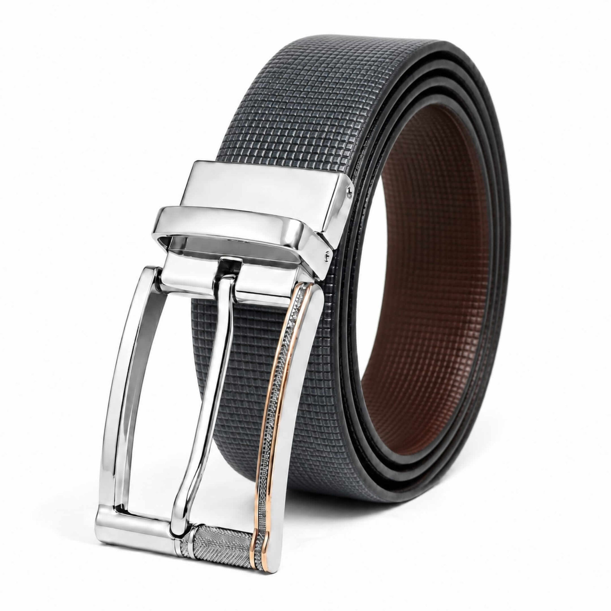 Mens 100% Genuine Leather Belt - NEXVIOR Grid-Emboss, DYNARO Mirror Chrome Pin Buckle (Black & Brown Reversible) — Leather Belts for Men | THE MEN THING