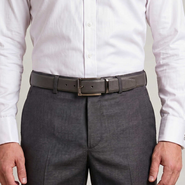 Mens 100% Genuine Leather Belt - NEXVIOR Grid-Emboss, TORIX Brushed Bronze Pin Buckle (Black & Brown Reversible)
