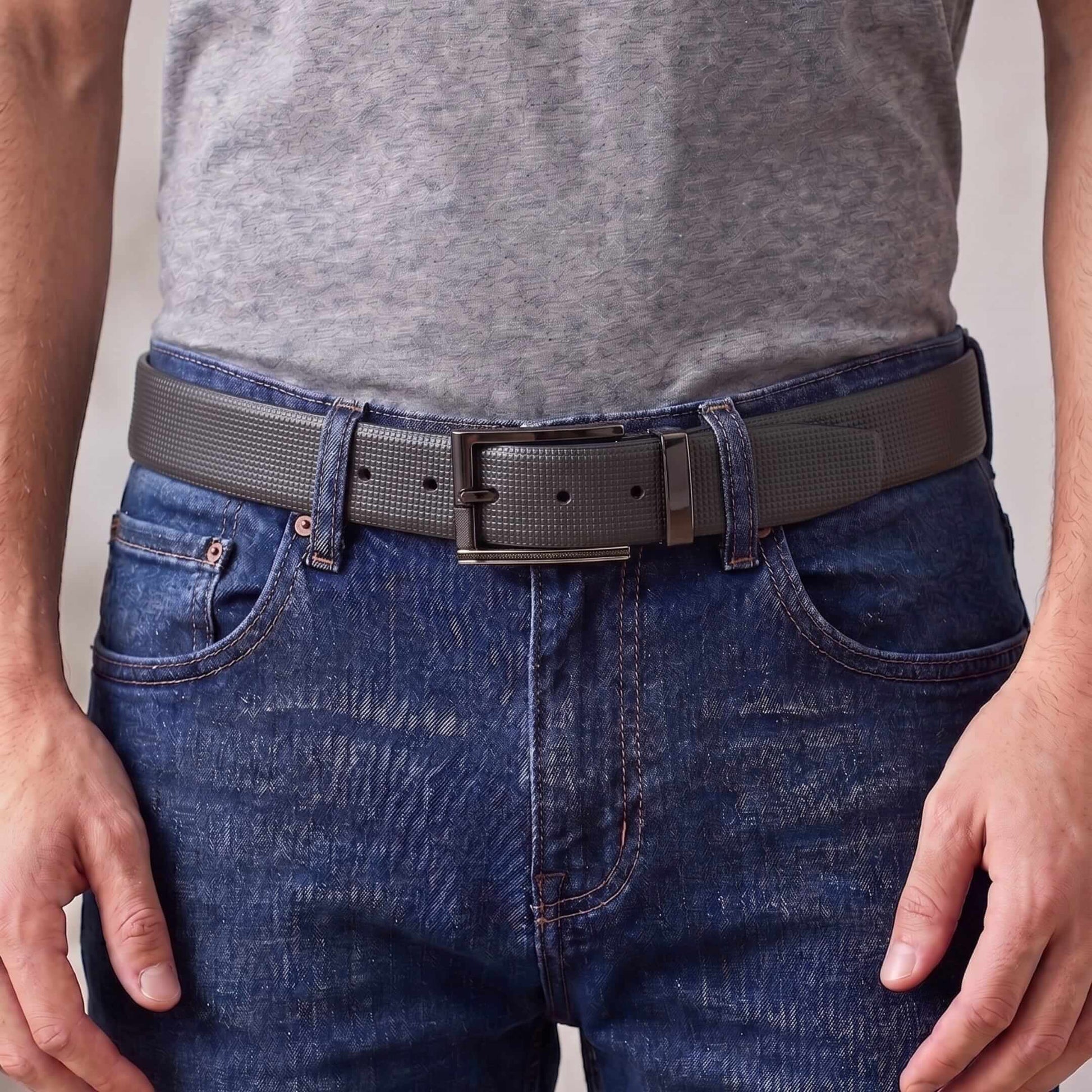 Mens 100% Genuine Leather Belt - NEXVIOR Grid-Emboss, TORIX Brushed Bronze Pin Buckle (Black & Brown Reversible) — Leather Belts for Men | THE MEN THING