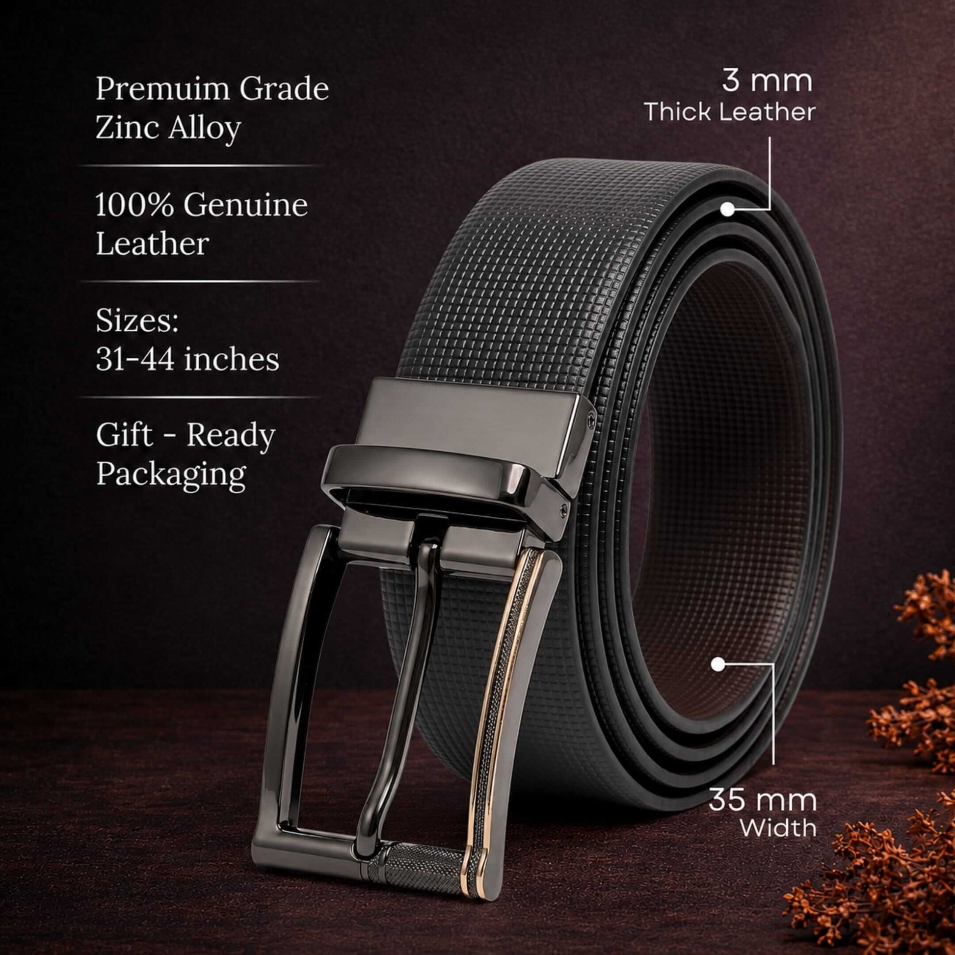 Mens 100% Genuine Leather Belt - NEXVIOR Grid-Emboss, TORIX Brushed Bronze Pin Buckle (Black & Brown Reversible) — Leather Belts for Men | THE MEN THING