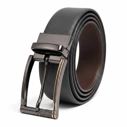 Mens 100% Genuine Leather Belt - NEXVIOR Grid-Emboss, TORIX Brushed Bronze Pin Buckle (Black & Brown Reversible) — Leather Belts for Men | THE MEN THING