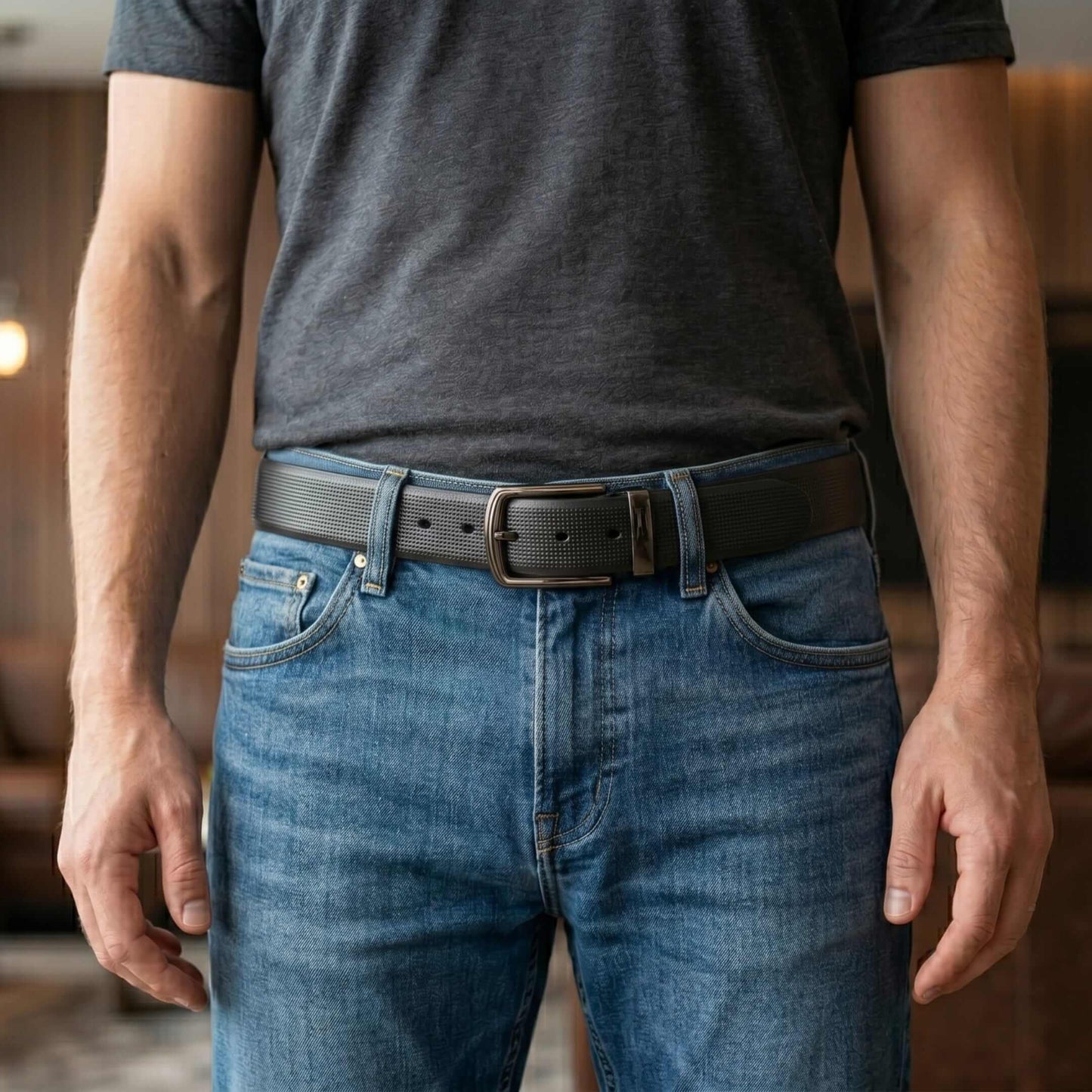 Mens 100% Genuine Leather Belt - NEXVIOR Grid-Emboss, MORVEX Matte Gunmetal Pin Buckle (Black & Brown Reversible) — Leather Belts for Men | THE MEN THING