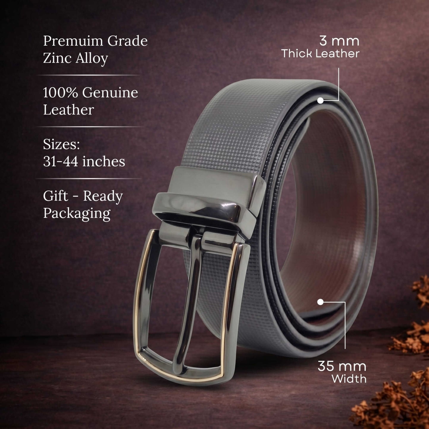 Mens 100% Genuine Leather Belt - NEXVIOR Grid-Emboss, MORVEX Matte Gunmetal Pin Buckle (Black & Brown Reversible) — Leather Belts for Men | THE MEN THING