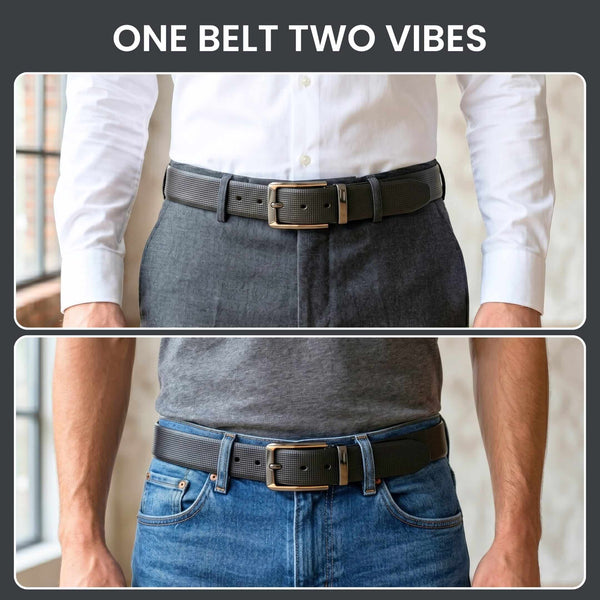 Mens 100% Genuine Leather Belt - NEXVIOR Grid-Emboss, TORVIK Gold-Border Gunmetal Pin Buckle (Black & Brown Reversible)