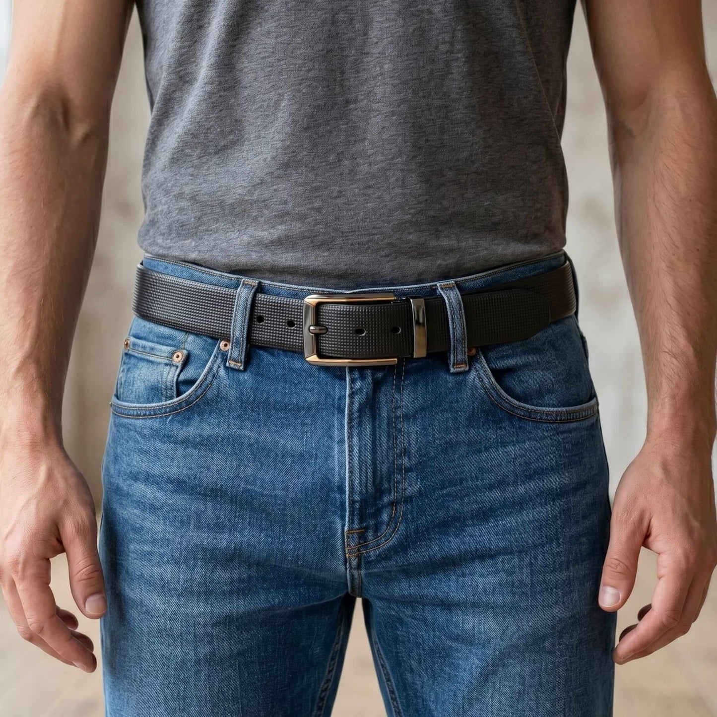 Mens 100% Genuine Leather Belt - NEXVIOR Grid-Emboss, TORVIK Gold-Border Gunmetal Pin Buckle (Black & Brown Reversible) — Leather Belts for Men | THE MEN THING