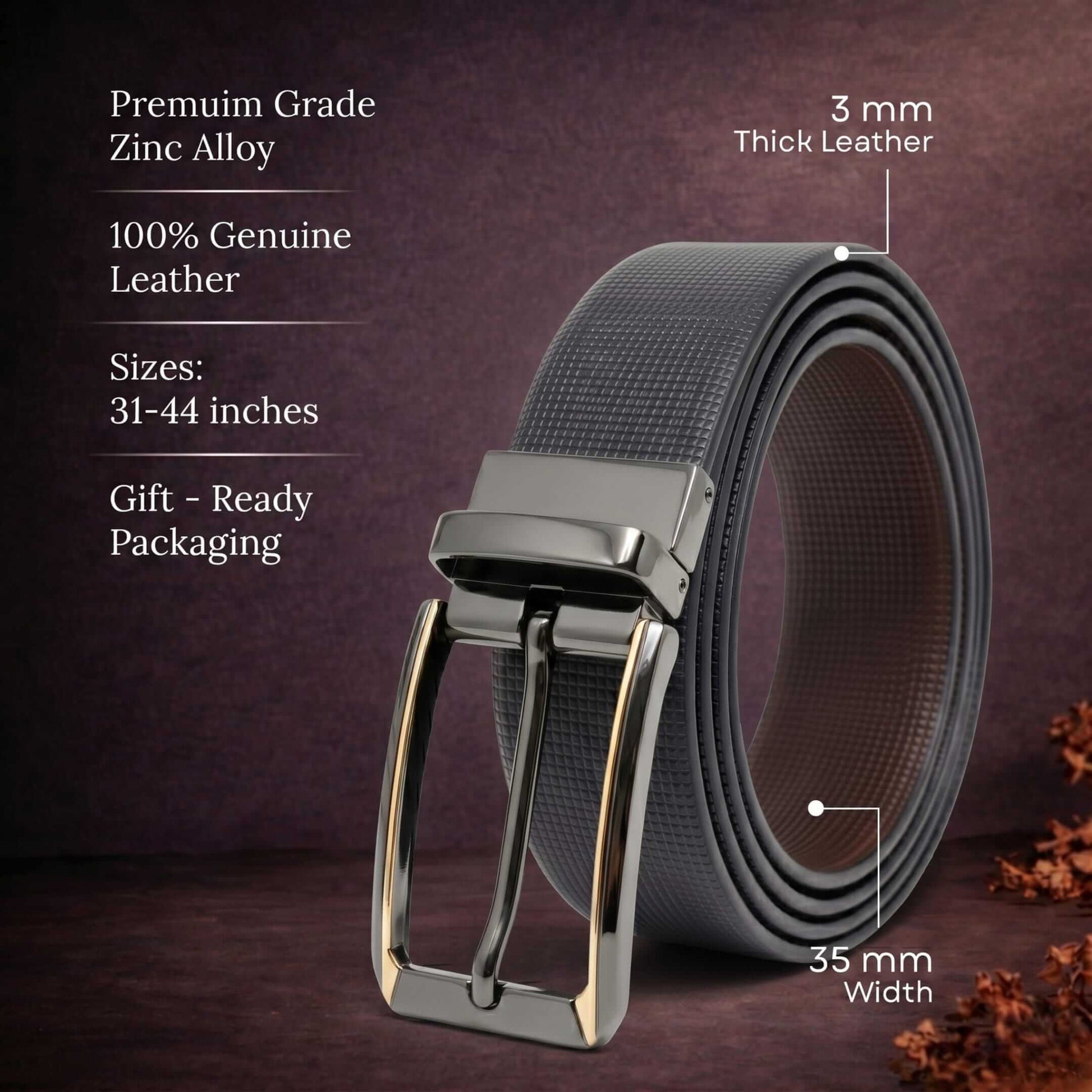 Mens 100% Genuine Leather Belt - NEXVIOR Grid-Emboss, TORVIK Gold-Border Gunmetal Pin Buckle (Black & Brown Reversible) — Leather Belts for Men | THE MEN THING
