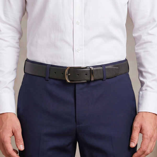 Mens 100% Genuine Leather Belt - NEXVIOR Grid-Emboss, ARQON Gold-Trim Gunmetal Pin Buckle (Black & Brown Reversible)