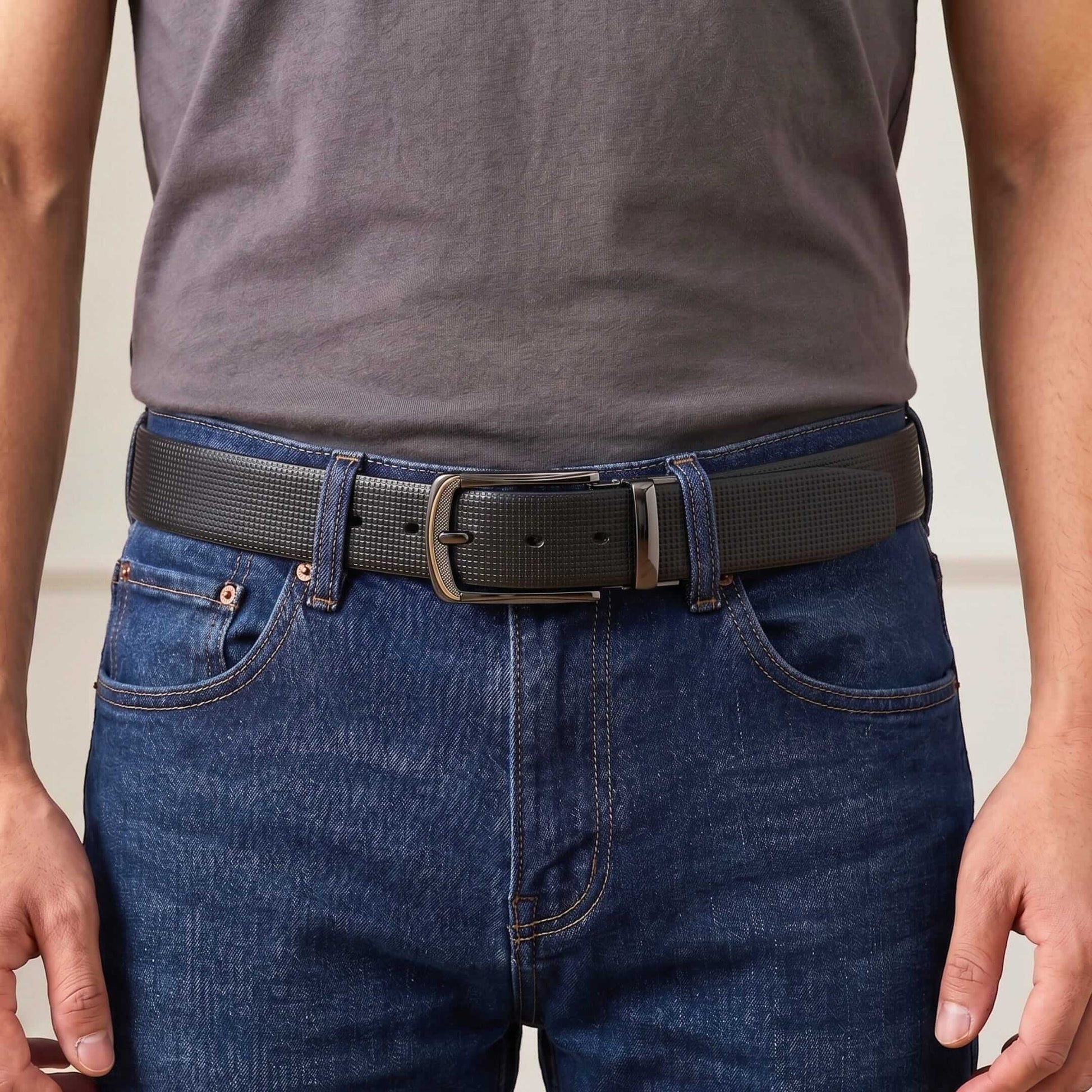 Mens 100% Genuine Leather Belt - NEXVIOR Grid-Emboss, ARQON Gold-Trim Gunmetal Pin Buckle (Black & Brown Reversible) — Leather Belts for Men | THE MEN THING