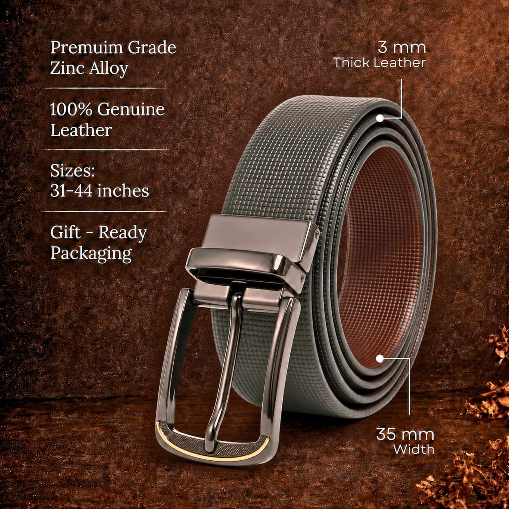 Mens 100% Genuine Leather Belt - NEXVIOR Grid-Emboss, ARQON Gold-Trim Gunmetal Pin Buckle (Black & Brown Reversible) — Leather Belts for Men | THE MEN THING