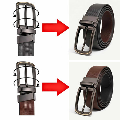 Mens 100% Genuine Leather Belt - NEXVIOR Grid-Emboss, ARQON Gold-Trim Gunmetal Pin Buckle (Black & Brown Reversible) — Leather Belts for Men | THE MEN THING