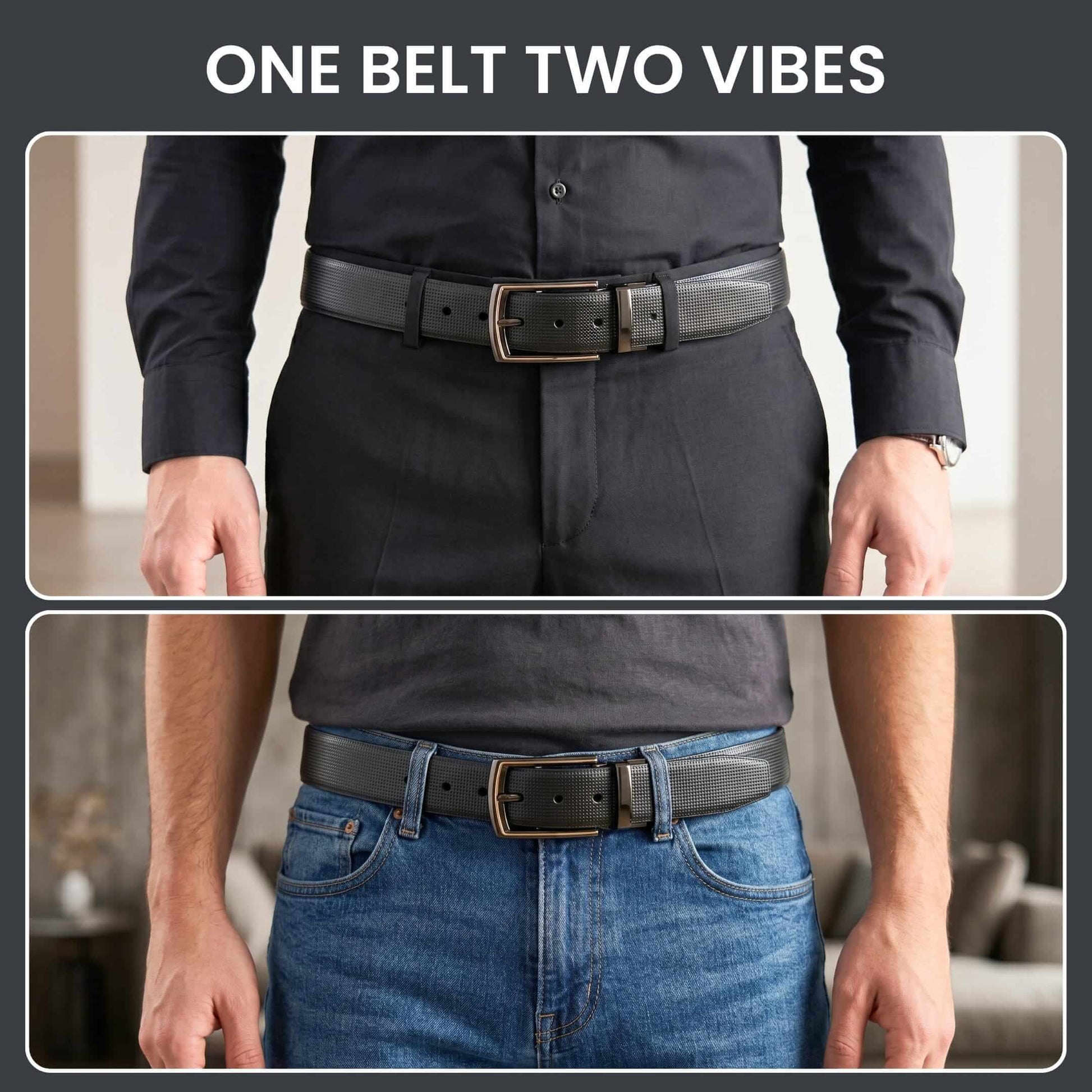 Mens 100% Genuine Leather Belt - NEXVIOR Grid-Emboss, LATCHIX Slim Gunmetal Pin Buckle (Black & Brown Reversible) — Leather Belts for Men | THE MEN THING