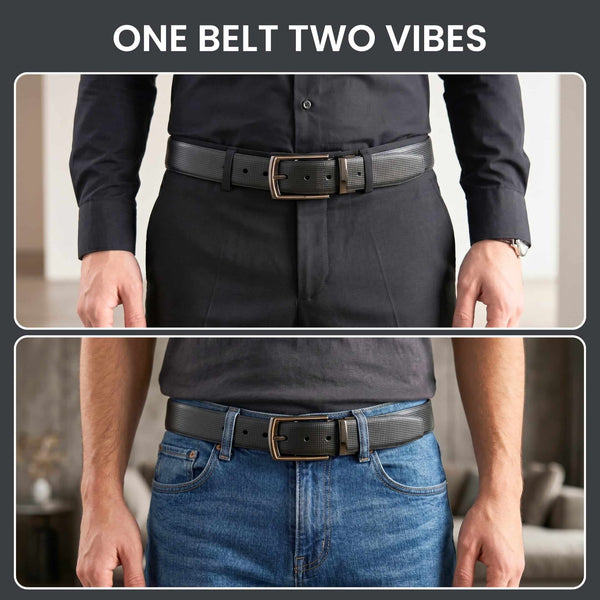 Mens 100% Genuine Leather Belt - NEXVIOR Grid-Emboss, LATCHIX Slim Gunmetal Pin Buckle (Black & Brown Reversible)