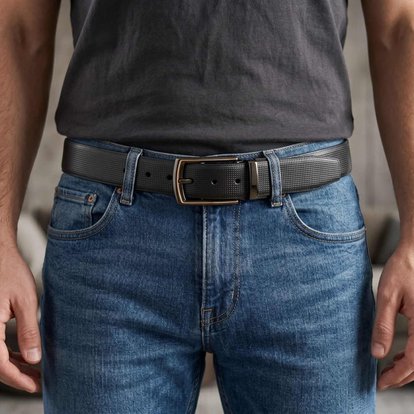 Mens 100% Genuine Leather Belt - NEXVIOR Grid-Emboss, LATCHIX Slim Gunmetal Pin Buckle (Black & Brown Reversible)