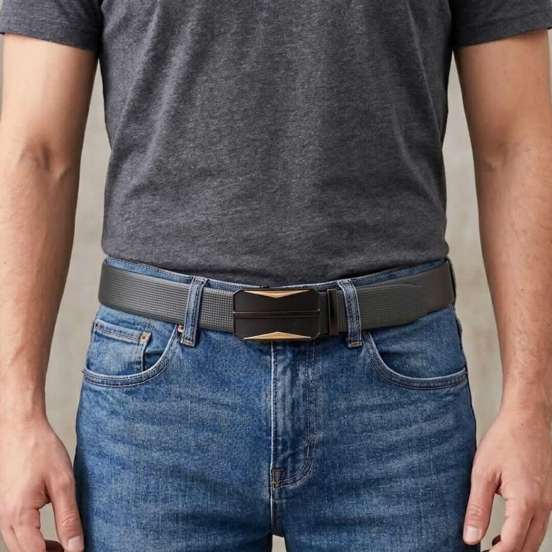 Mens 100% Genuine Leather Belt - NEXVIOR Grid-Emboss, RATCHOR Gold-Accent Auto-Lock Buckle (Black & Brown Reversible) — Leather Belts for Men | THE MEN THING