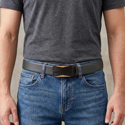 Mens 100% Genuine Leather Belt - NEXVIOR Grid-Emboss, RATCHOR Gold-Accent Auto-Lock Buckle (Black & Brown Reversible) — Leather Belts for Men | THE MEN THING