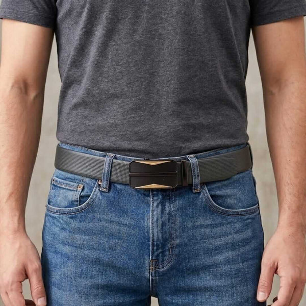 Mens 100% Genuine Leather Belt - NEXVIOR Grid-Emboss, RATCHOR Gold-Accent Auto-Lock Buckle (Black & Brown Reversible)