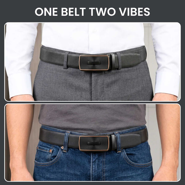 Mens 100% Genuine Leather Belt - NEXVIOR Grid-Emboss, SNAPTOR Gold-Bar Auto-Lock Buckle (Black & Brown Reversible)