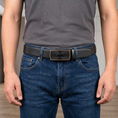Mens 100% Genuine Leather Belt - NEXVIOR Grid-Emboss, SNAPTOR Gold-Bar Auto-Lock Buckle (Black & Brown Reversible) — Leather Belts for Men | THE MEN THING