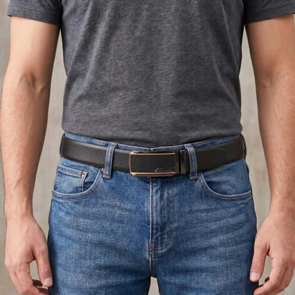 Mens 100% Genuine Leather Belt - NEXVIOR Grid-Emboss, KINGVAR Carbon-Texture Auto-Lock Buckle (Black & Brown Reversible) — Leather Belts for Men | THE MEN THING