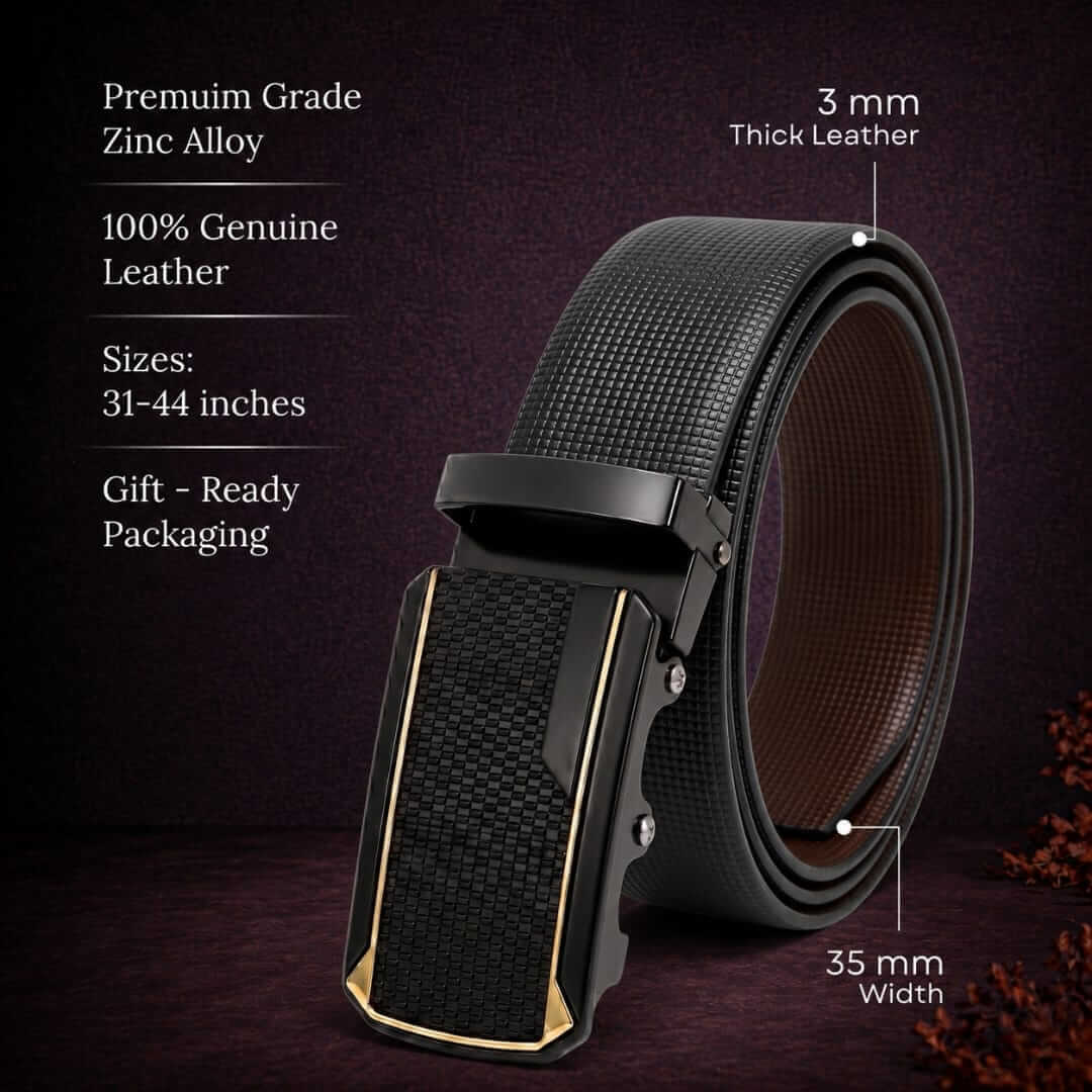 Mens 100% Genuine Leather Belt - NEXVIOR Grid-Emboss, KINGVAR Carbon-Texture Auto-Lock Buckle (Black & Brown Reversible) — Leather Belts for Men | THE MEN THING