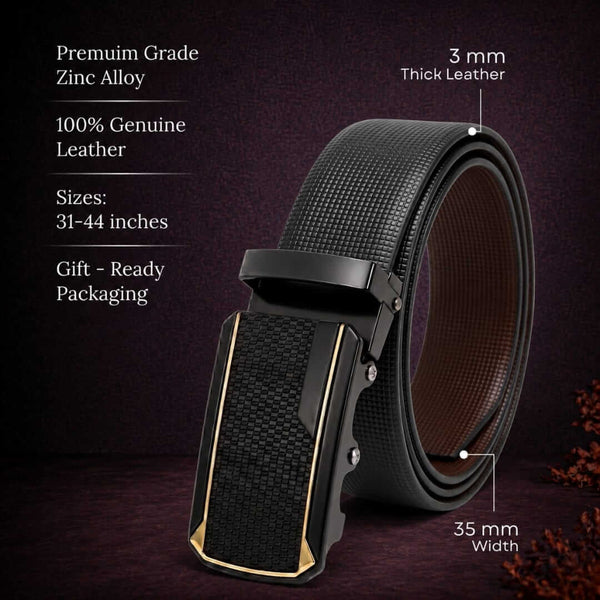 Mens 100% Genuine Leather Belt - NEXVIOR Grid-Emboss, KINGVAR Carbon-Texture Auto-Lock Buckle (Black & Brown Reversible)