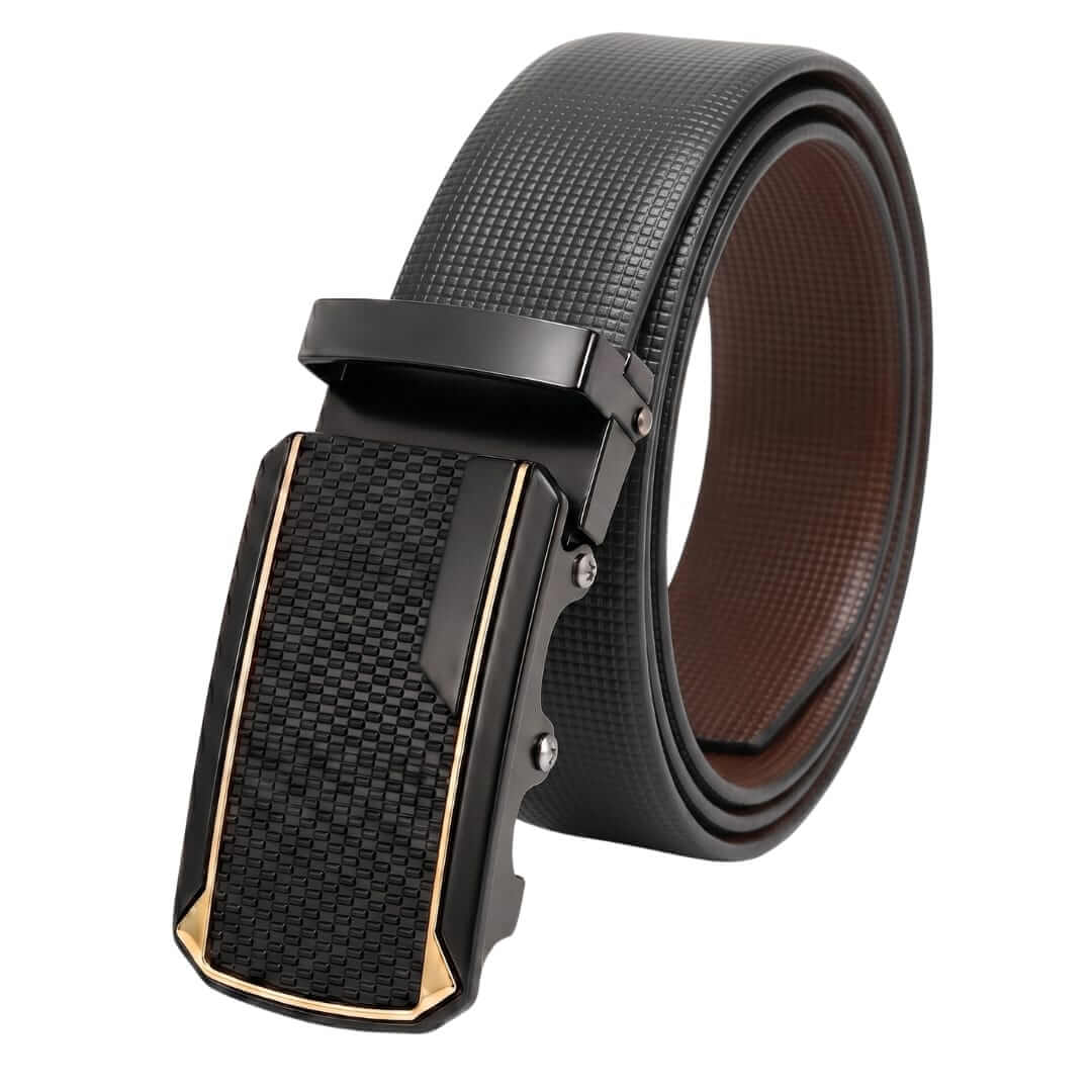 Mens 100% Genuine Leather Belt - NEXVIOR Grid-Emboss, KINGVAR Carbon-Texture Auto-Lock Buckle (Black & Brown Reversible) — Leather Belts for Men | THE MEN THING