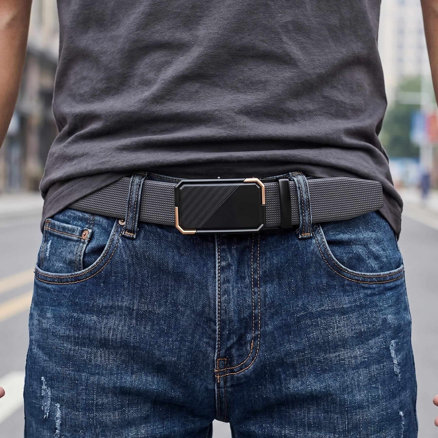 Mens 100% Genuine Leather Belt - NEXVIOR Grid-Emboss, BELVARO Gloss Gold-Frame Auto-Lock Buckle (Black & Brown Reversible) — Leather Belts for Men | THE MEN THING